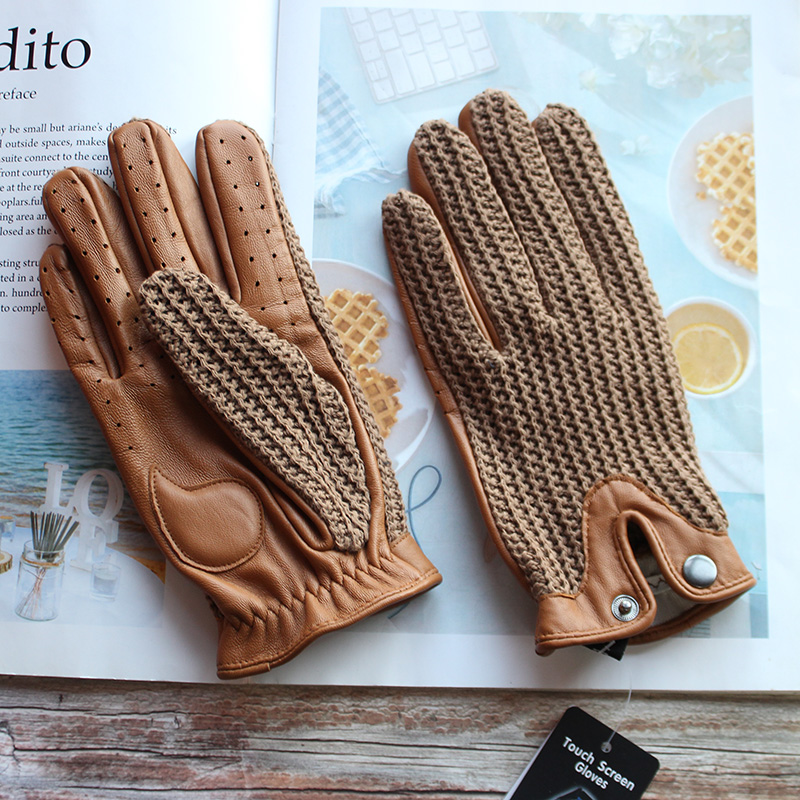 Leather Driving Glove - ถุงมือขับรถหนังแท้คุณภาพสูงสำหรับผู้ชาย กันลื่น รองรับการสัมผัสหน้าจอ ถักทอจากหนังแกะ ระบายอากาศได้ดี เหมาะสำหรับขี่มอเตอร์ไซค์