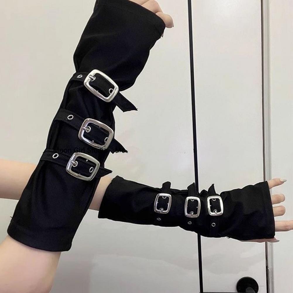 Fingerless Glove Knit - ปลอกแขนกันหนาวแบบไม่มีนิ้วสำหรับผู้หญิง สไตล์พังก์ พร้อมหัวเข็มขัดโลหะ ปลอกแขนกันหนาวสไตล์กอธิค สตีมพังก์ อุปกรณ์เสริมสำหรับงานคอสเพลย์และปาร์ตี้